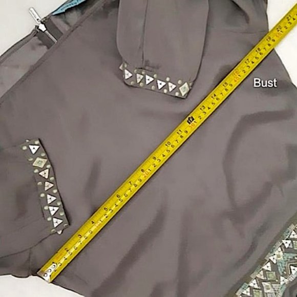 GUESS by MARCIANO Silk Blend Dress Embroidered MOP Sequin Button Grey Tu… - Picture 9 of 12